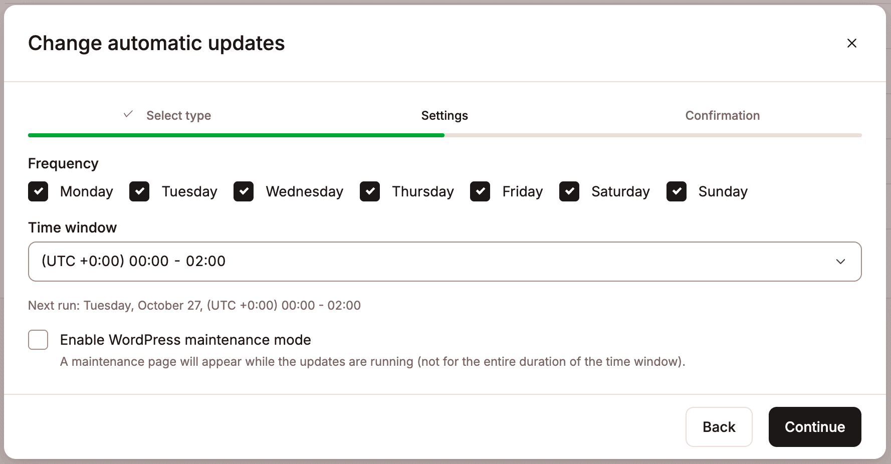 Select the required options for the automatic update settings.