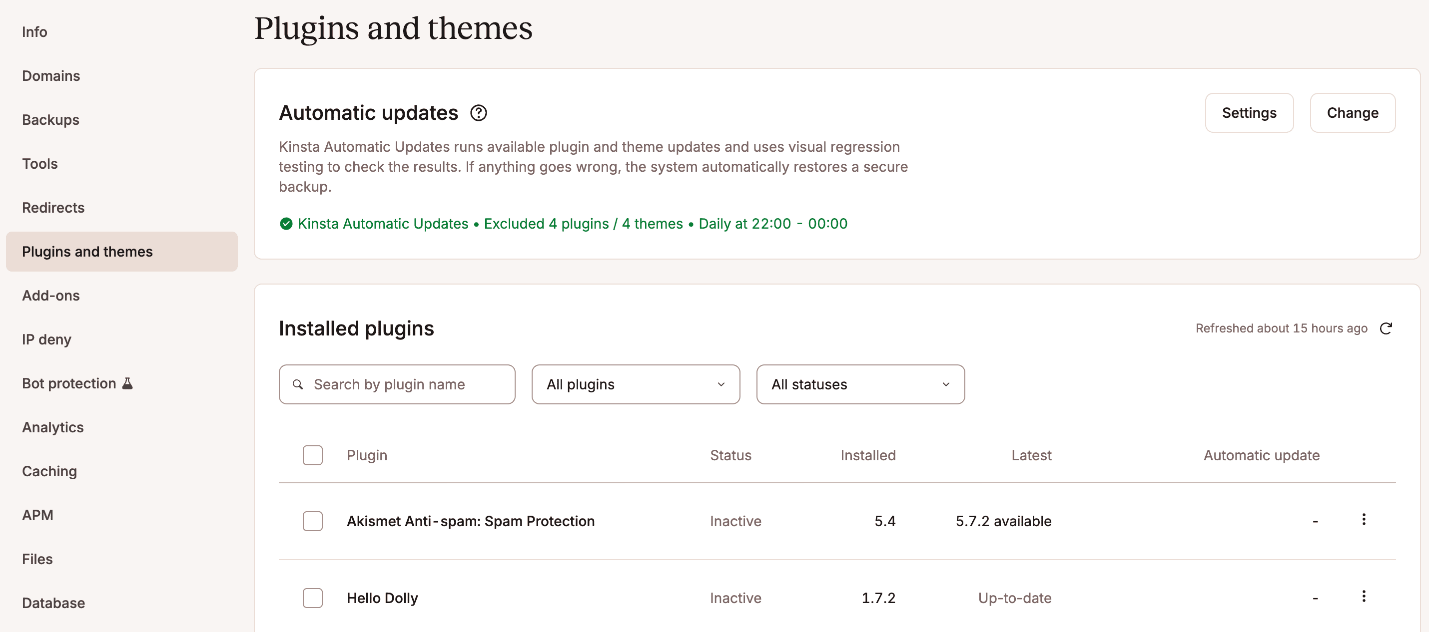 View plugins and themes in MyKinsta.