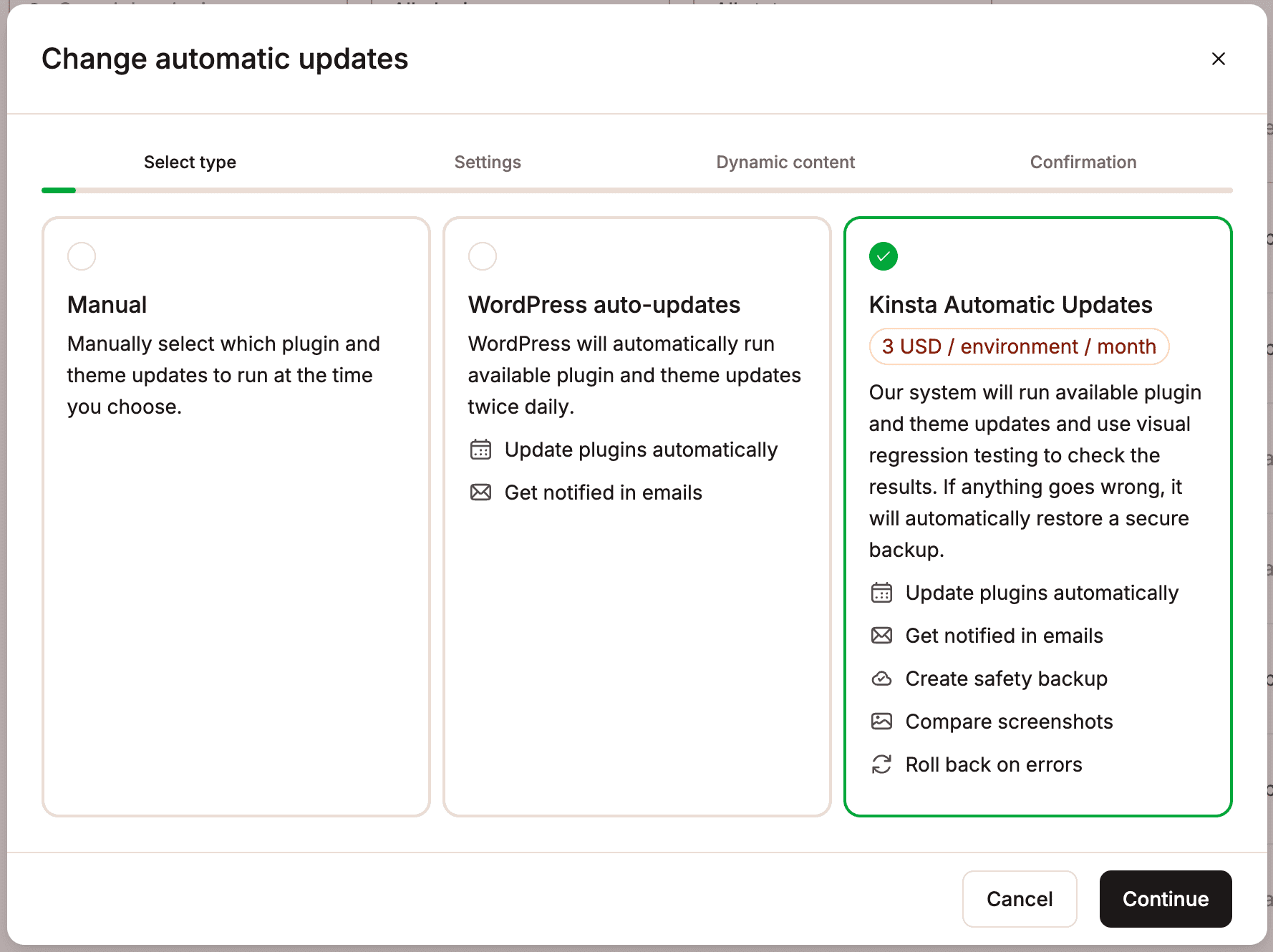Enable WordPress auto-updates or Kinsta Automatic Updates.
