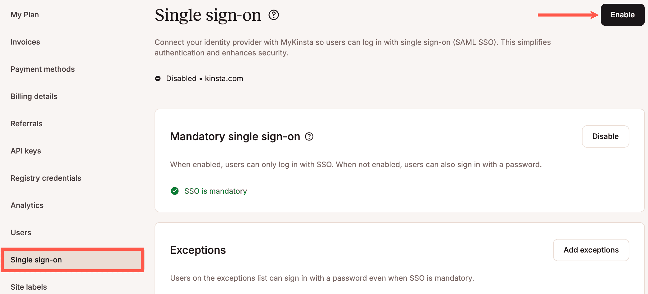 Enable SSO in MyKinsta.