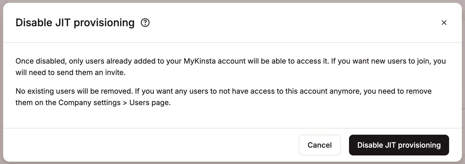 Desactiva la transferencia JIT en MyKinsta.