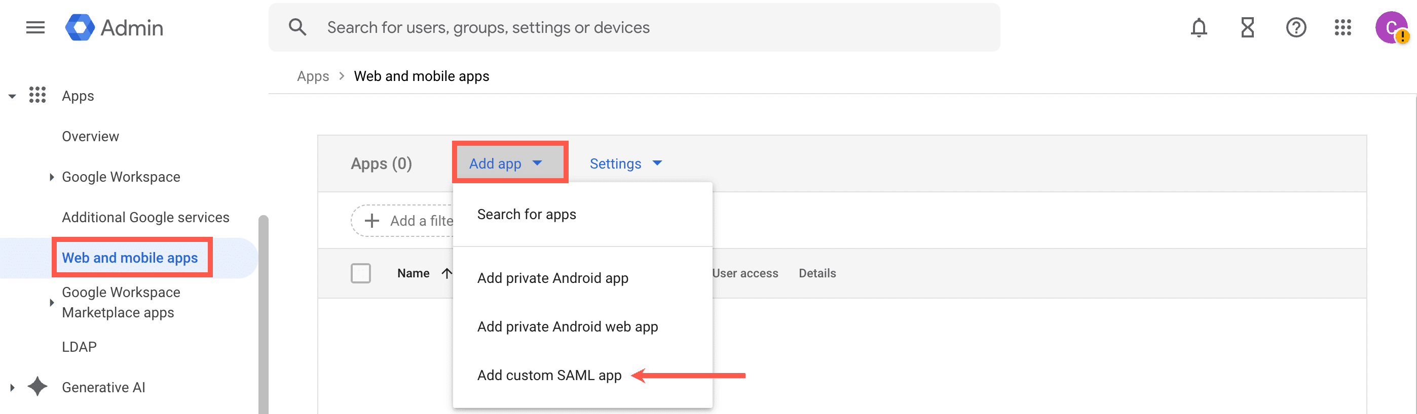 Add a custom SAMl app in Google.