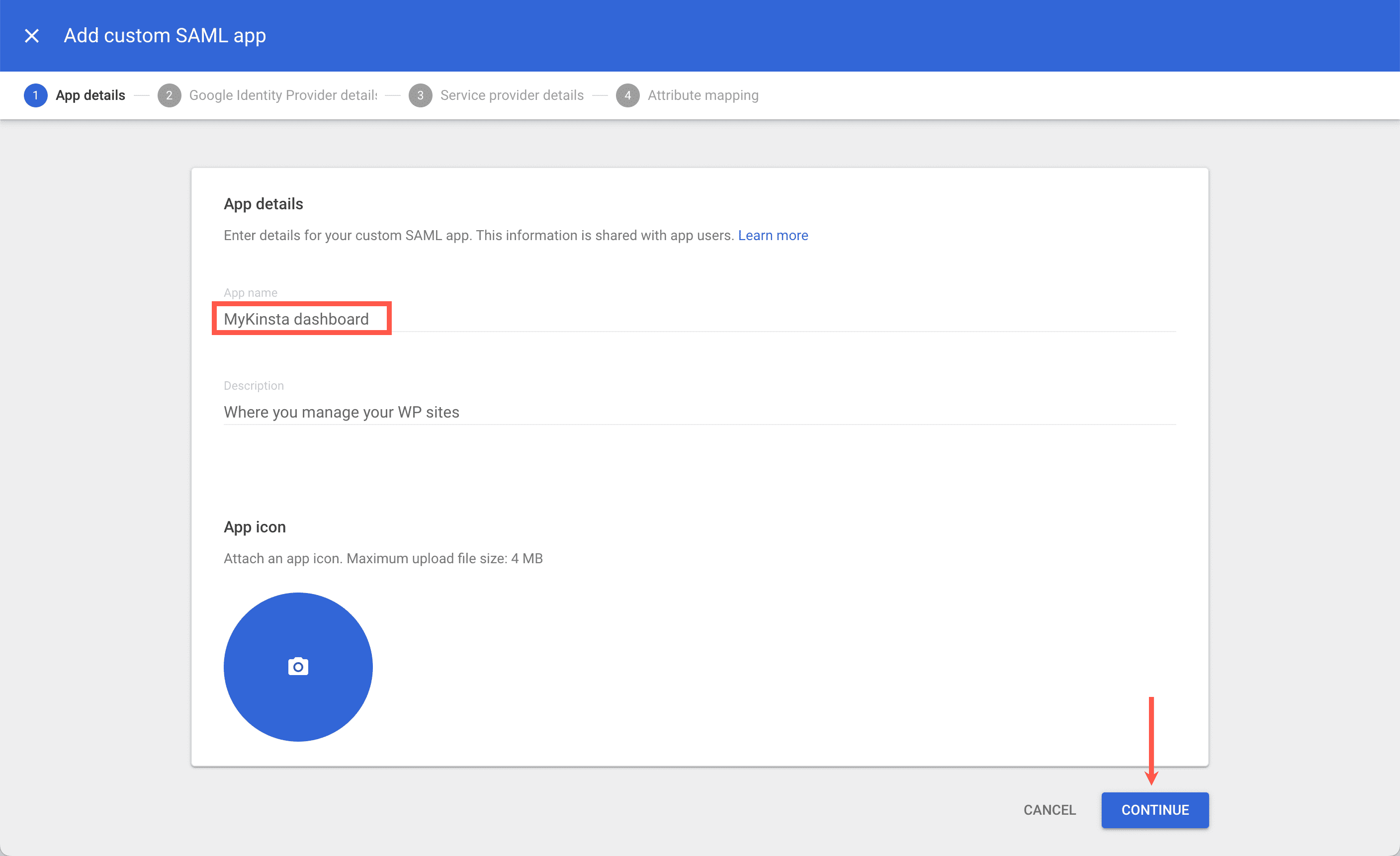 Enter the app details in Google.