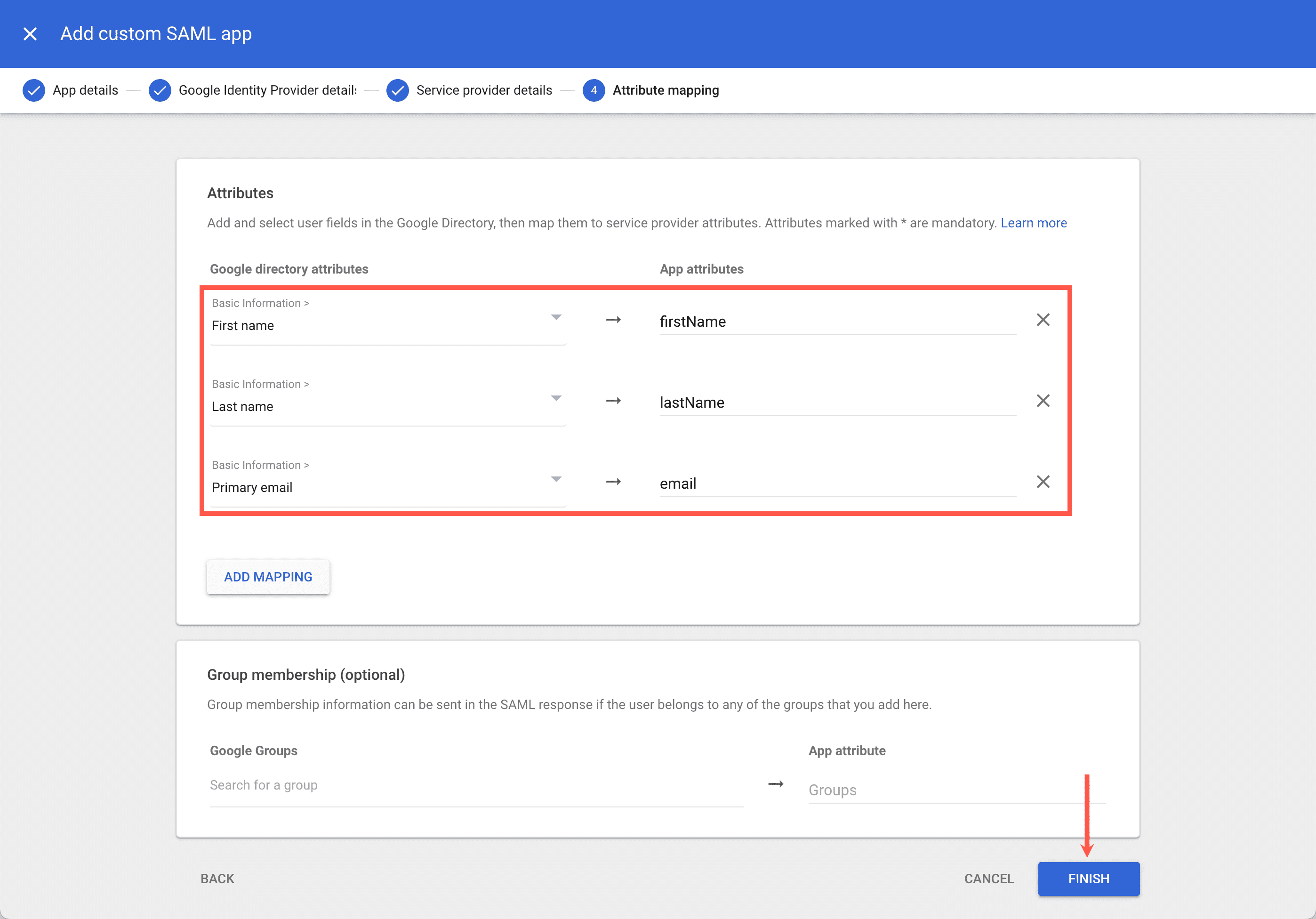 Map the first name, last name, and email in Google to the MyKinsta fields.