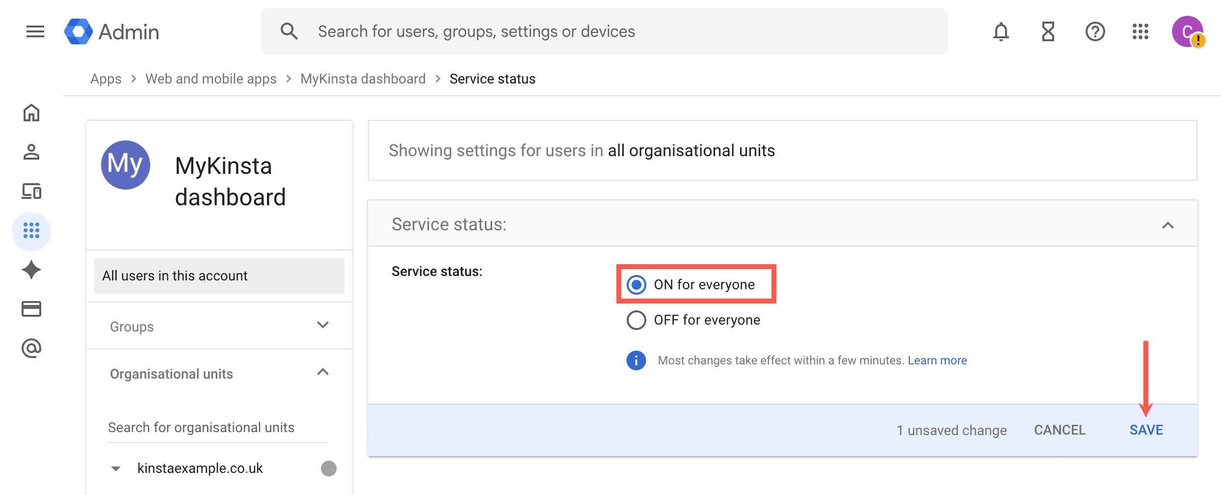 Select the Group(s) or Organisational unit(s) you want to grant access to MyKinsta via SAML.