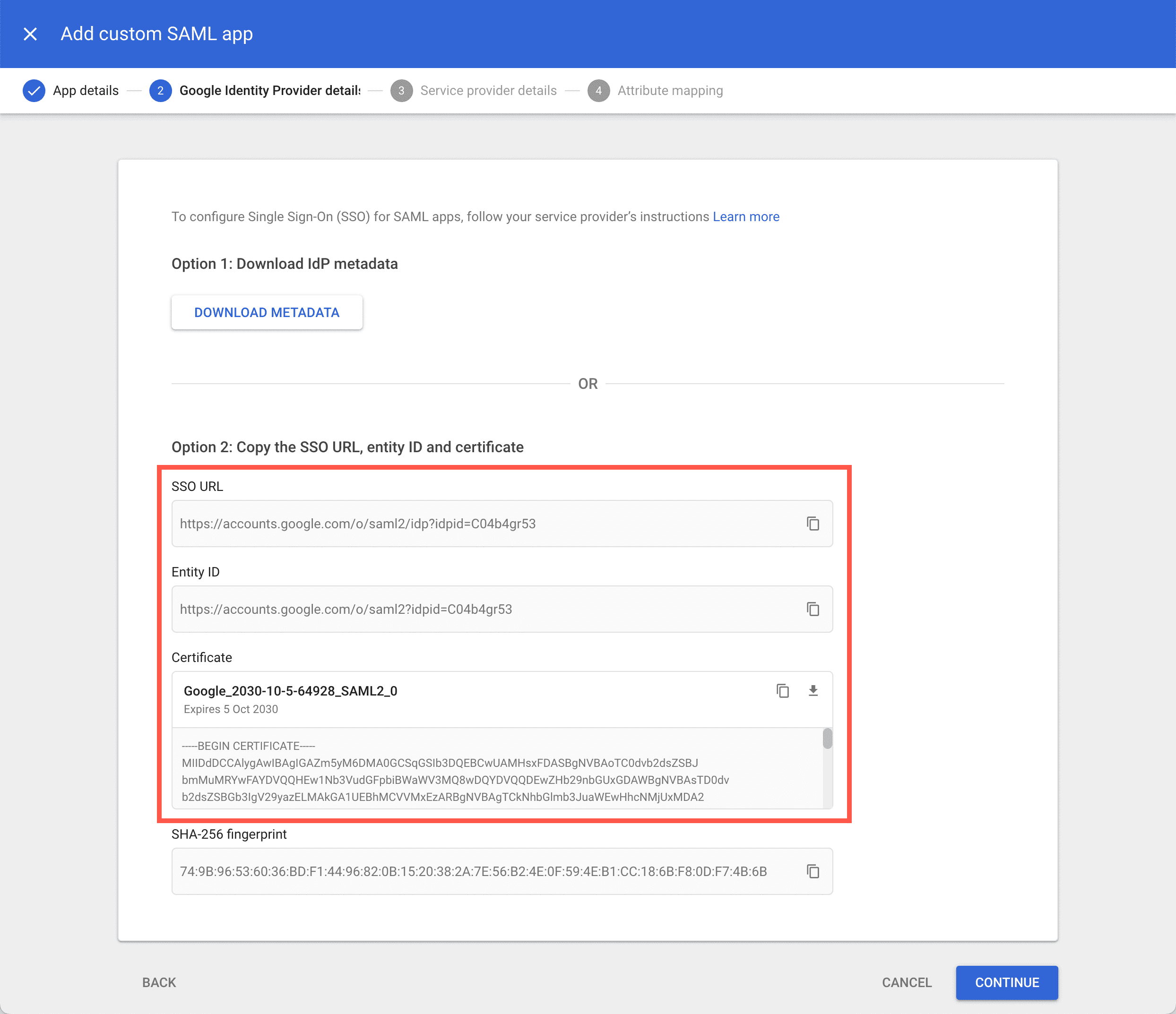 Google Identity Provider details to set up the Kinsta app.