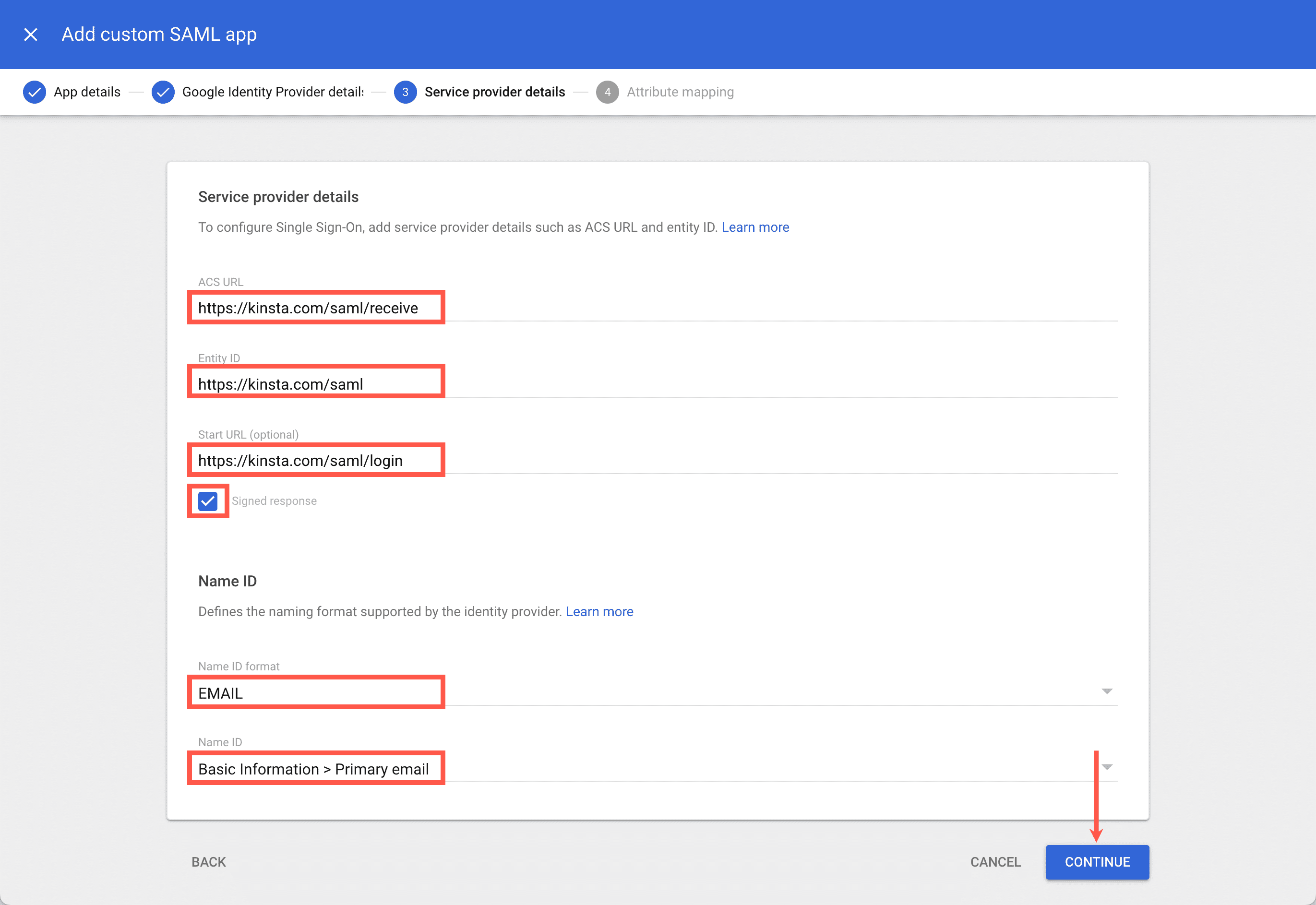 Enter the service provider details from MyKinsta into Google.