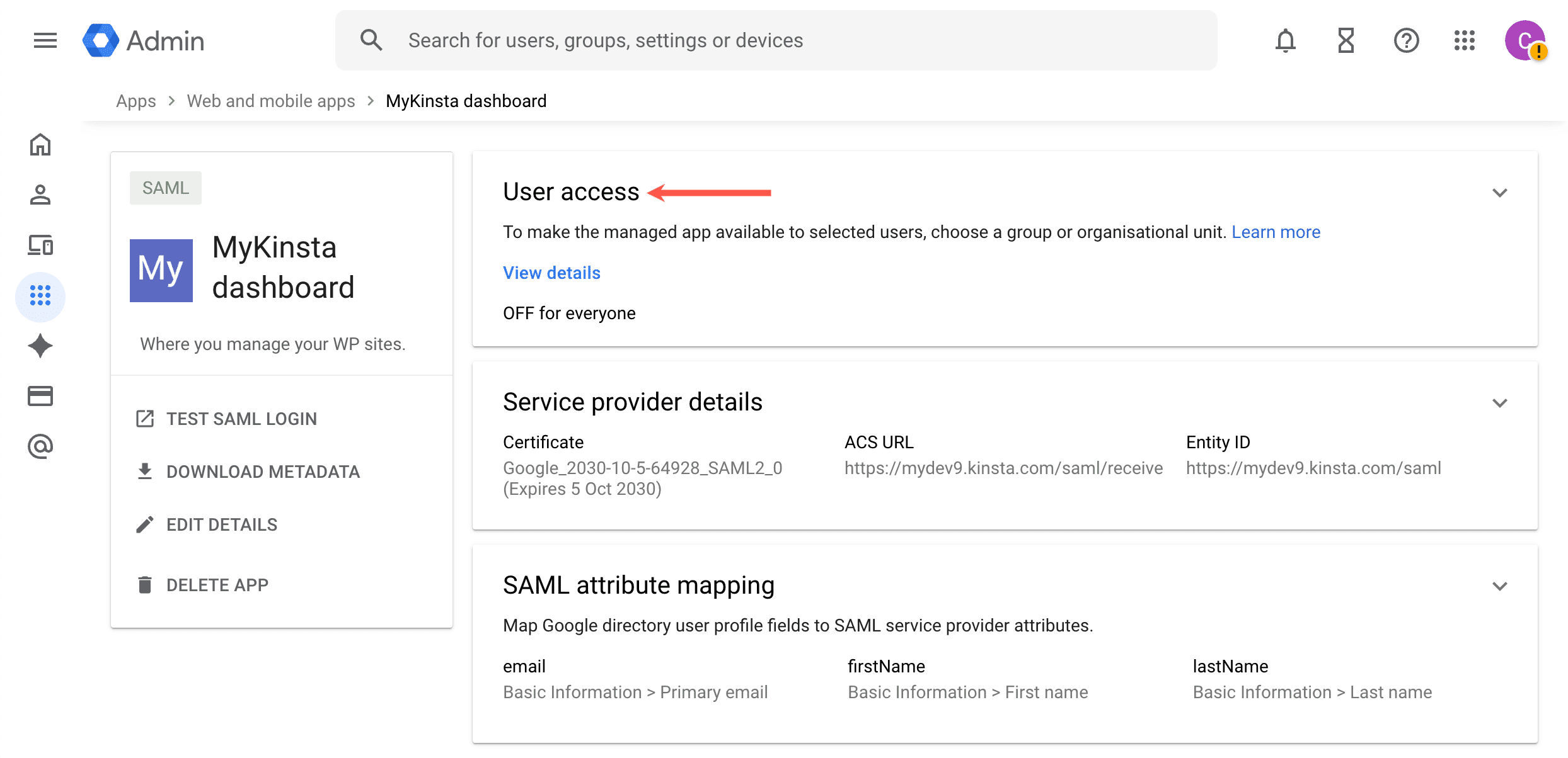 Select User access on the MyKinsta application in Google Workspace.