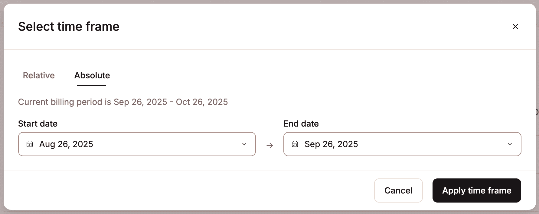 Select a time frame for the previous month's billing period.