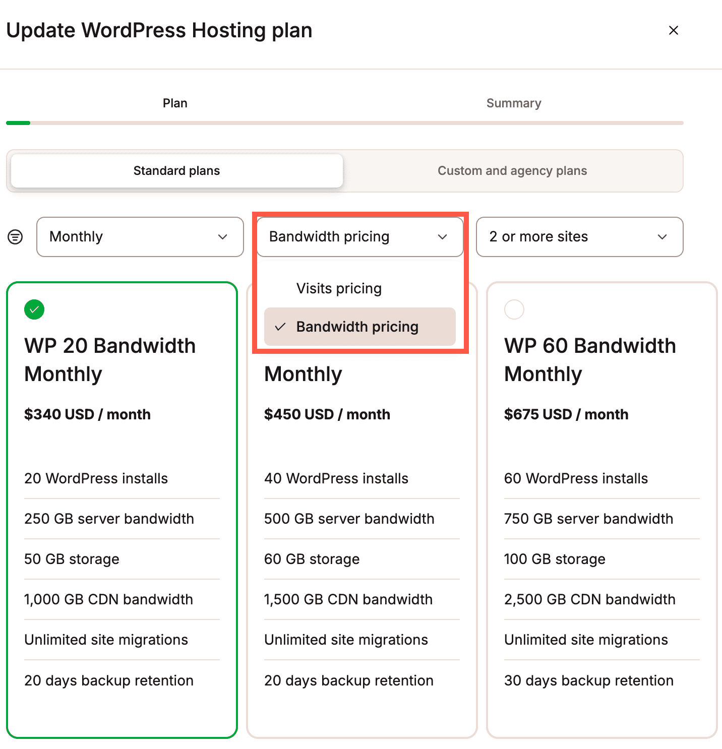 Select Bandwidth or Visits pricing to compare costs.