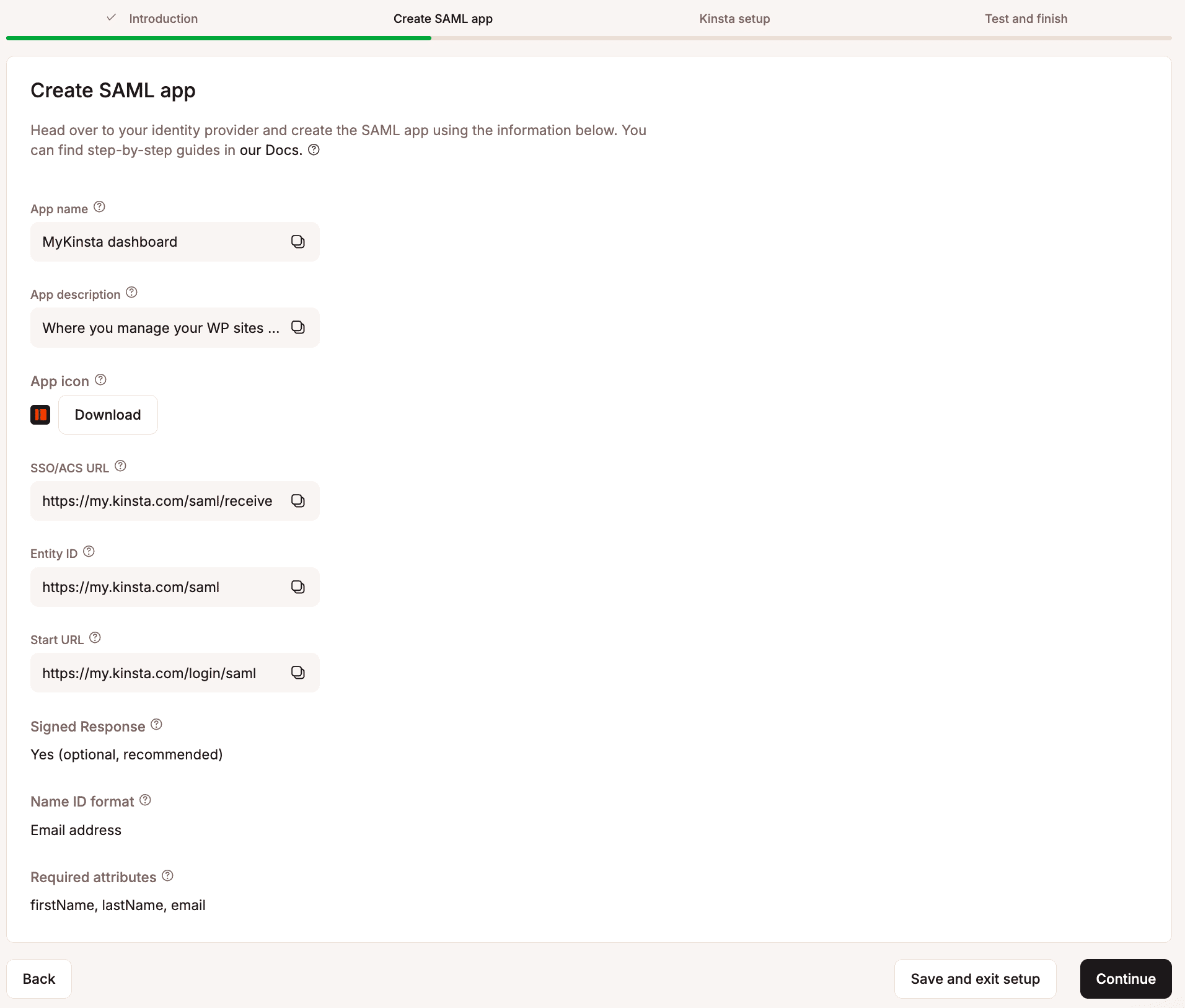 Information to create the SAML app at Okta.