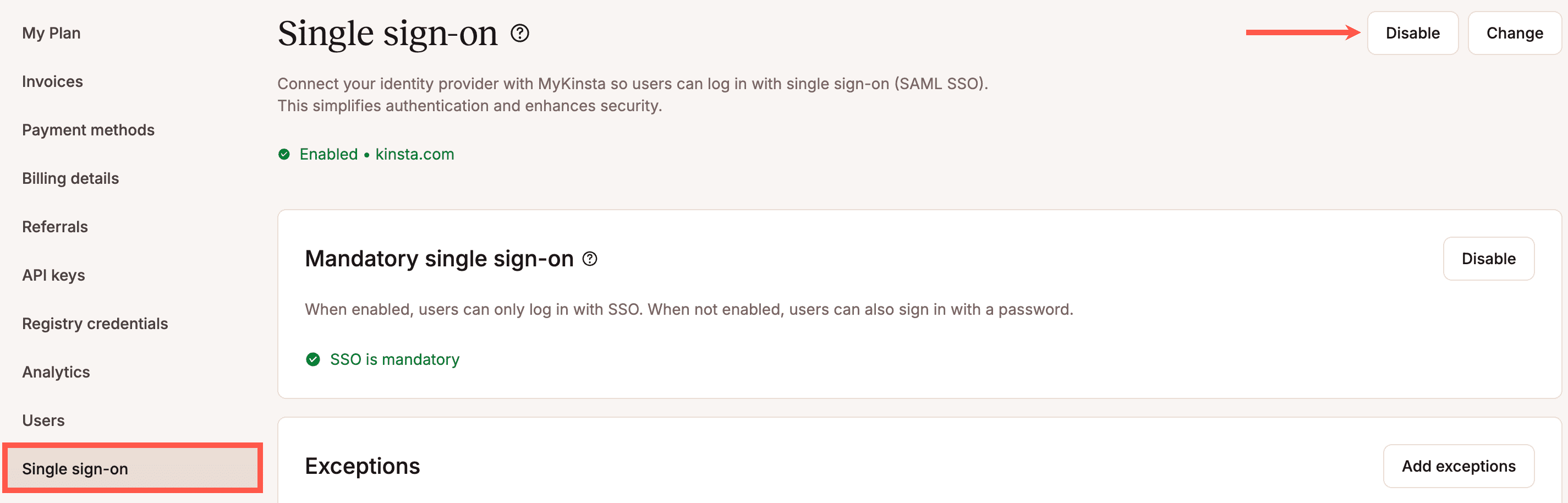Desactivar SAML SSO en MyKinsta.