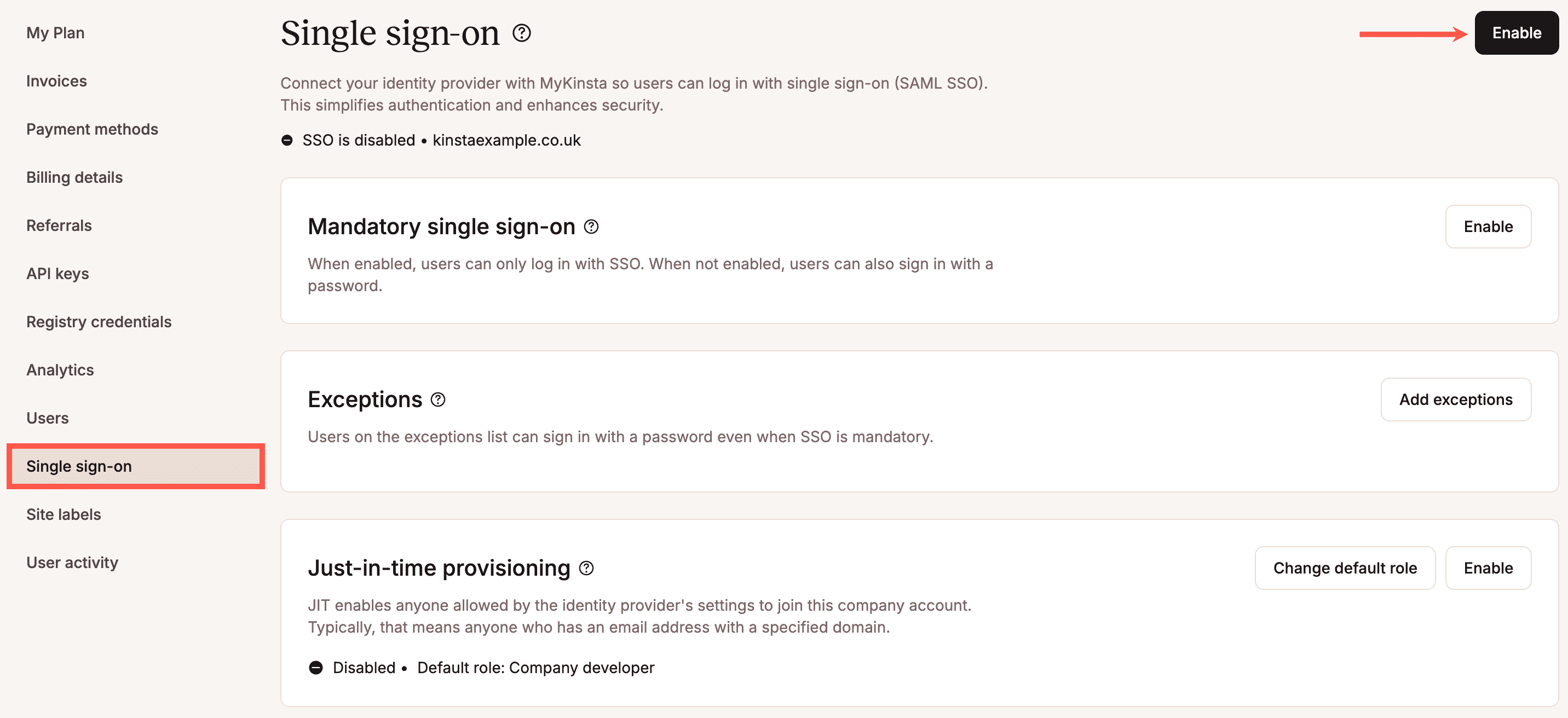 Abilitazione dell’SSO in MyKinsta.