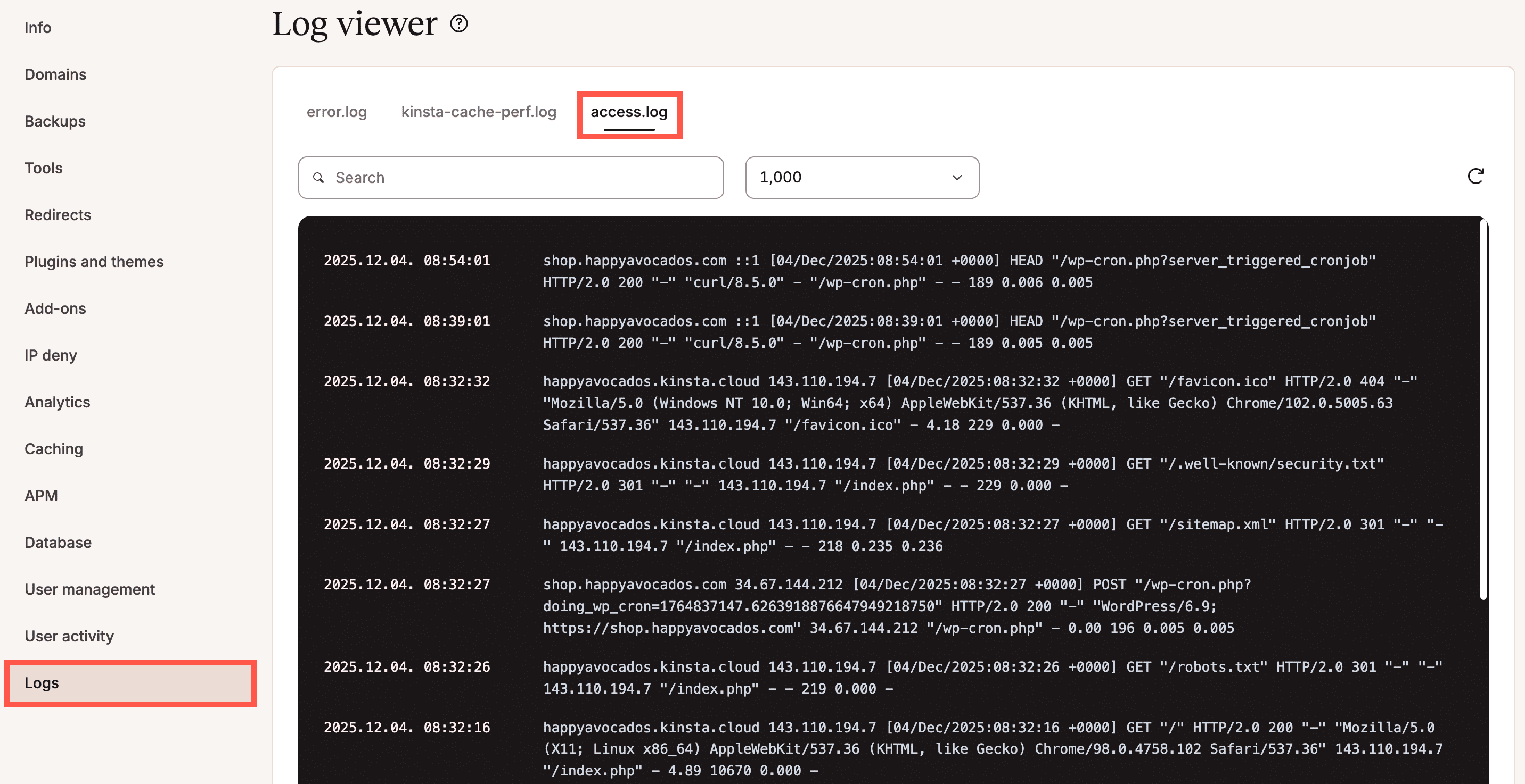 access.log file in MyKinsta Log viewer.