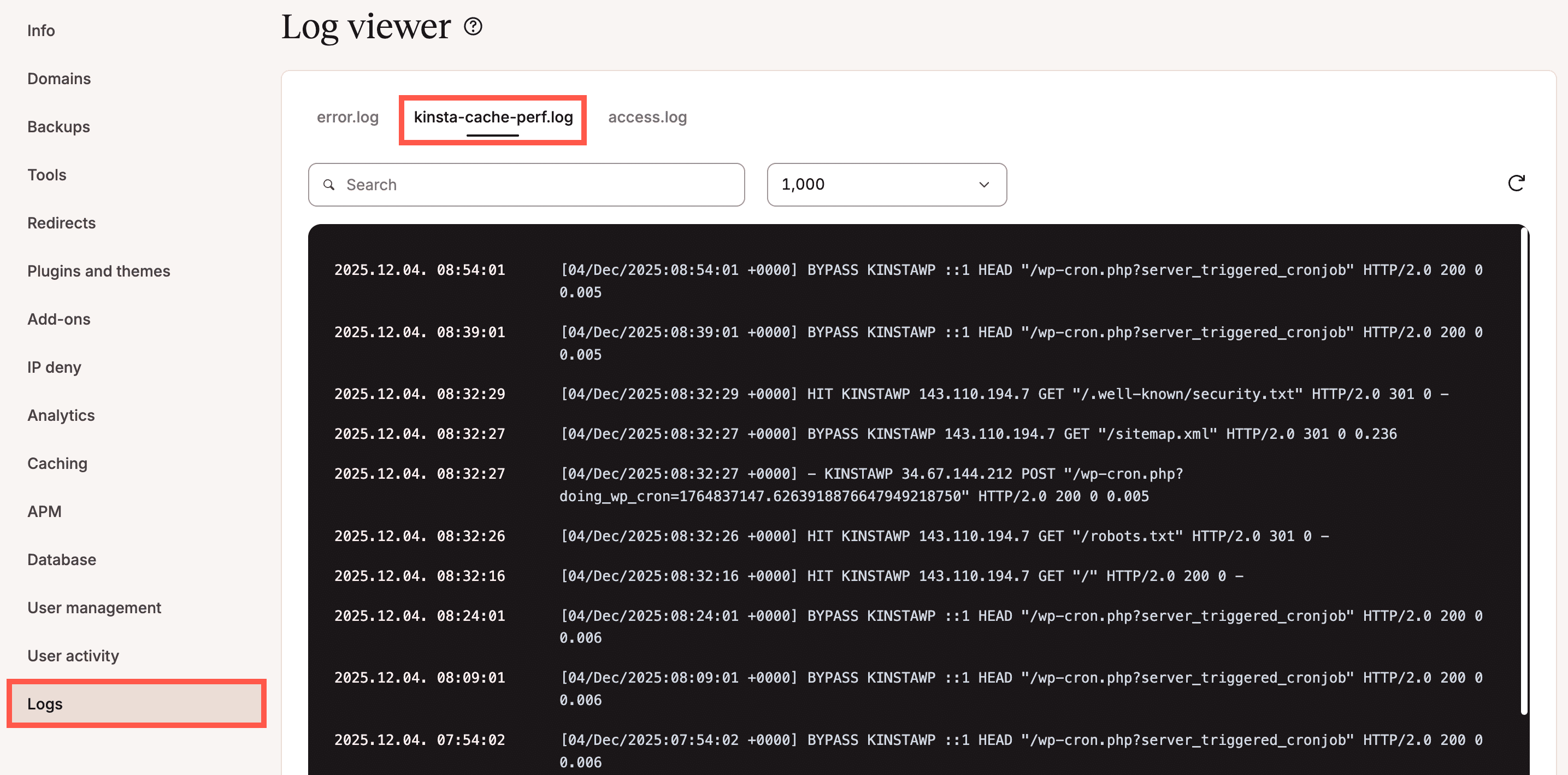 kinsta-cache-perf.log file in MyKinsta Log viewer.