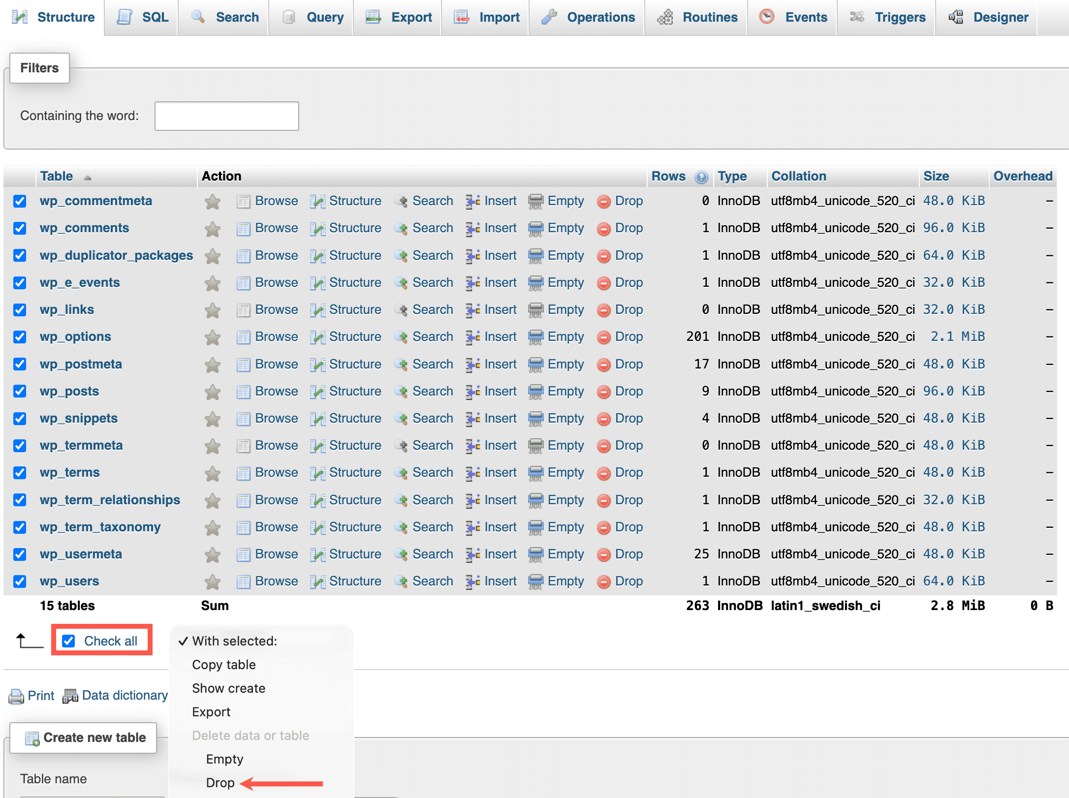 Lösche die vorhandenen Datenbanktabellen in phpMyAdmin