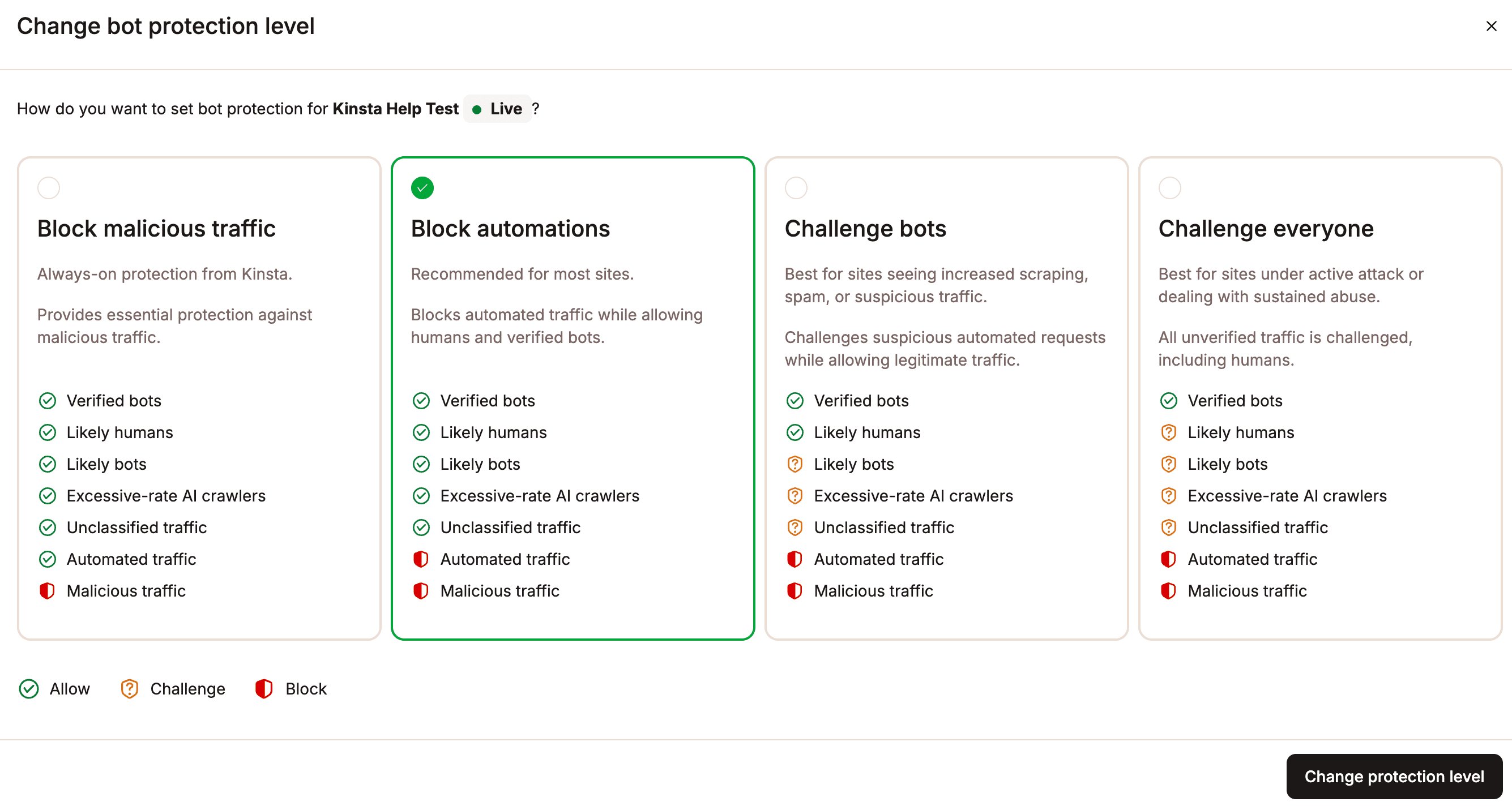 Select the level of bot protection for your site.