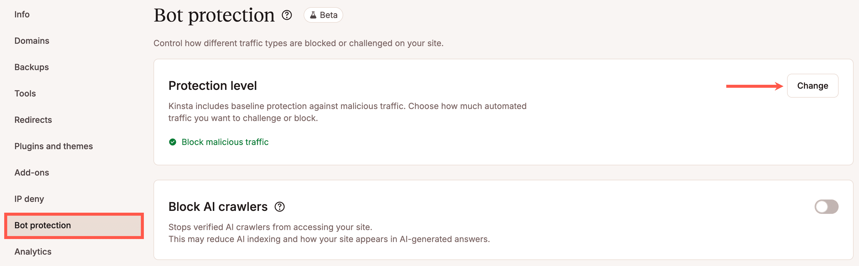 Change the level of bot protection in MyKinsta.