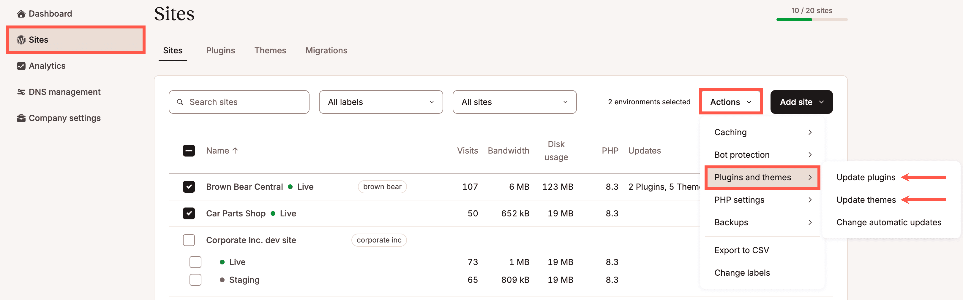 Update plugins and themes for multiple sites simultaneously.