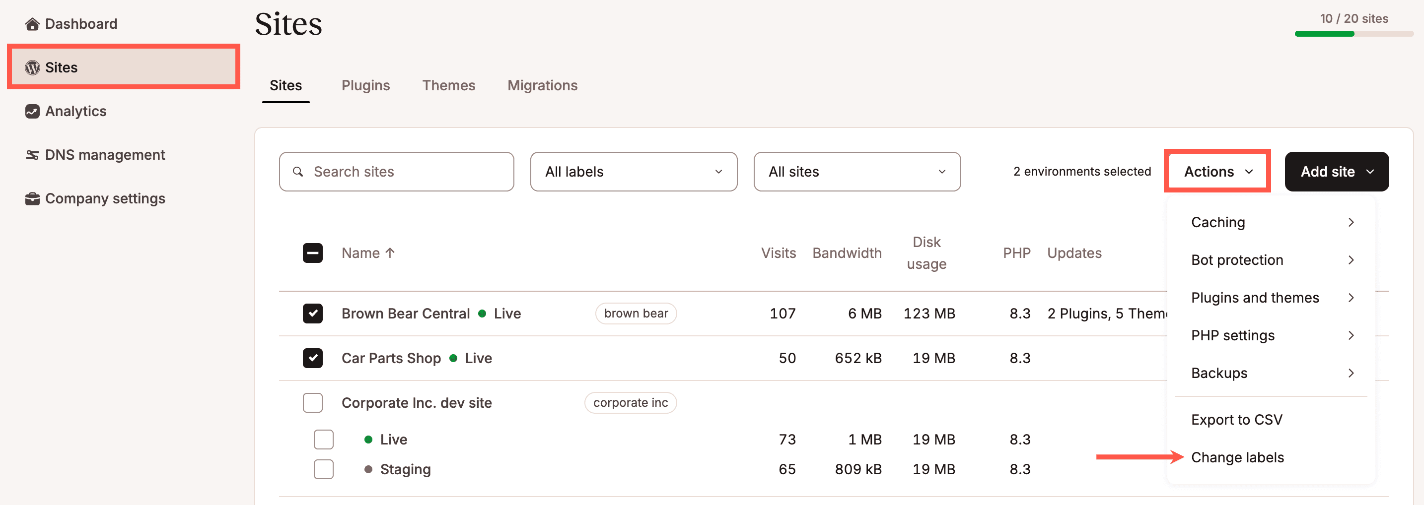 Change labels for multiple sites simultaneously.