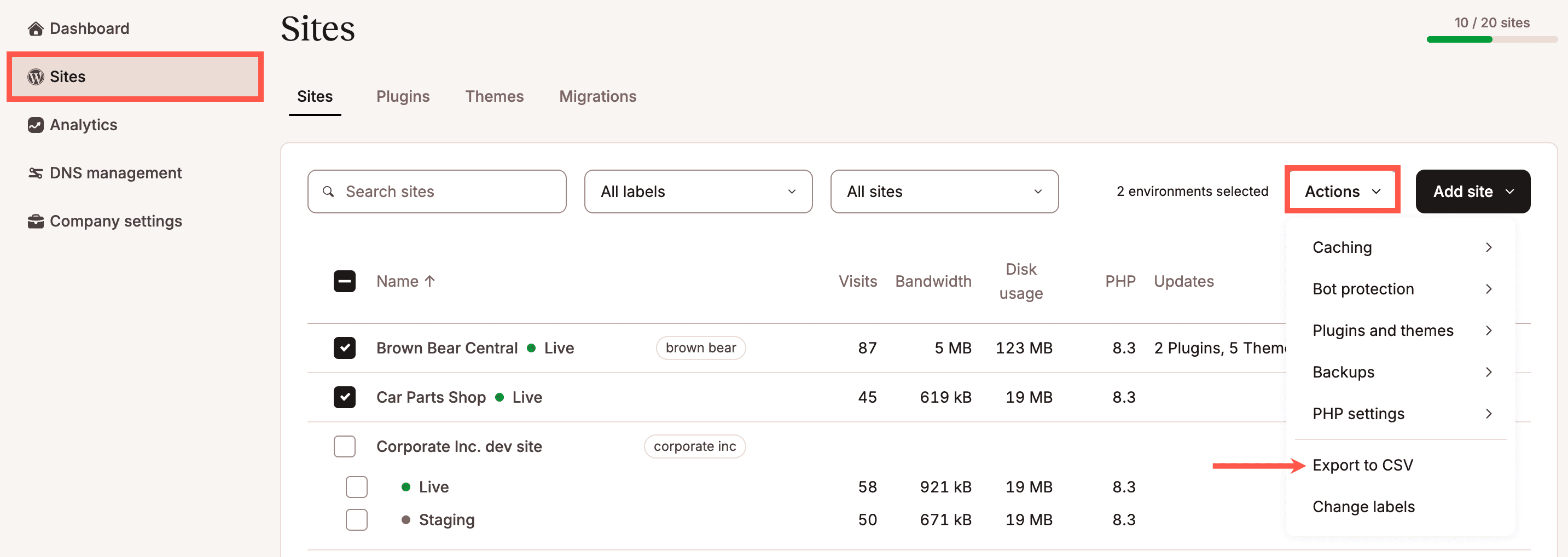 Select which sites you want to export to CSV.