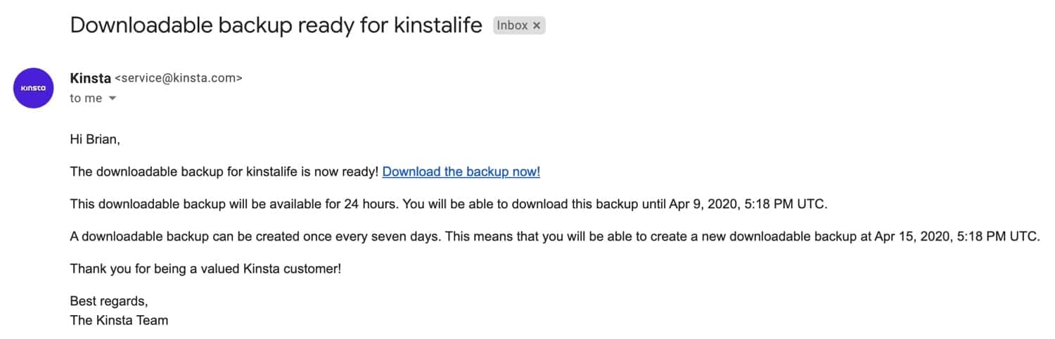 Downloadable backup notification email.