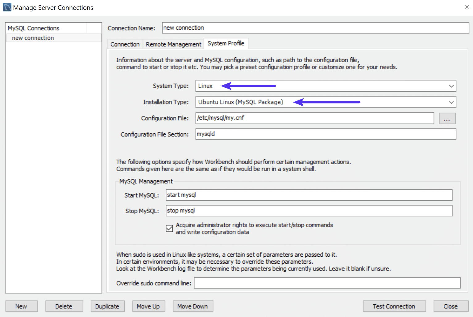 MySQL Workbench system profile