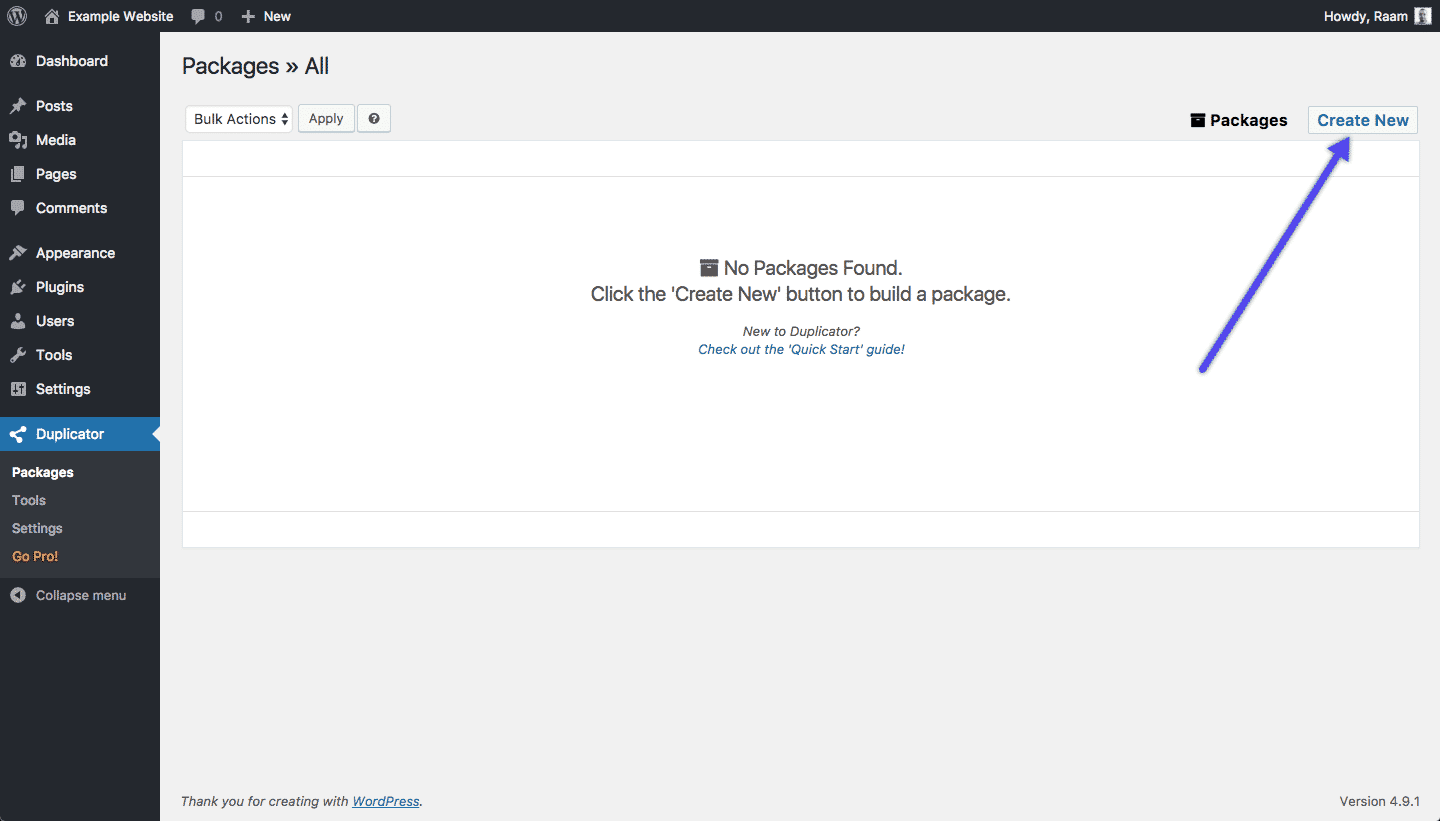 Create new package with WordPress Duplicator