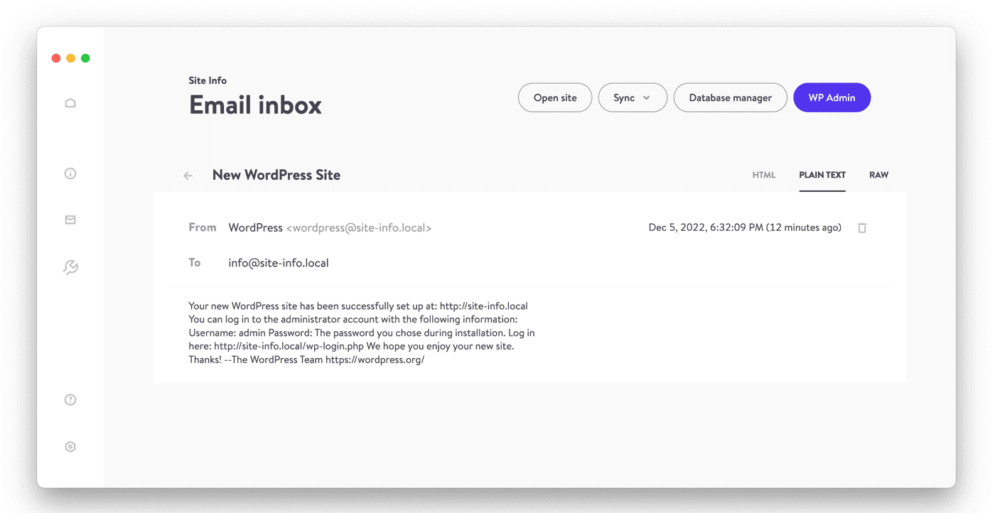 DevKinsta site email view