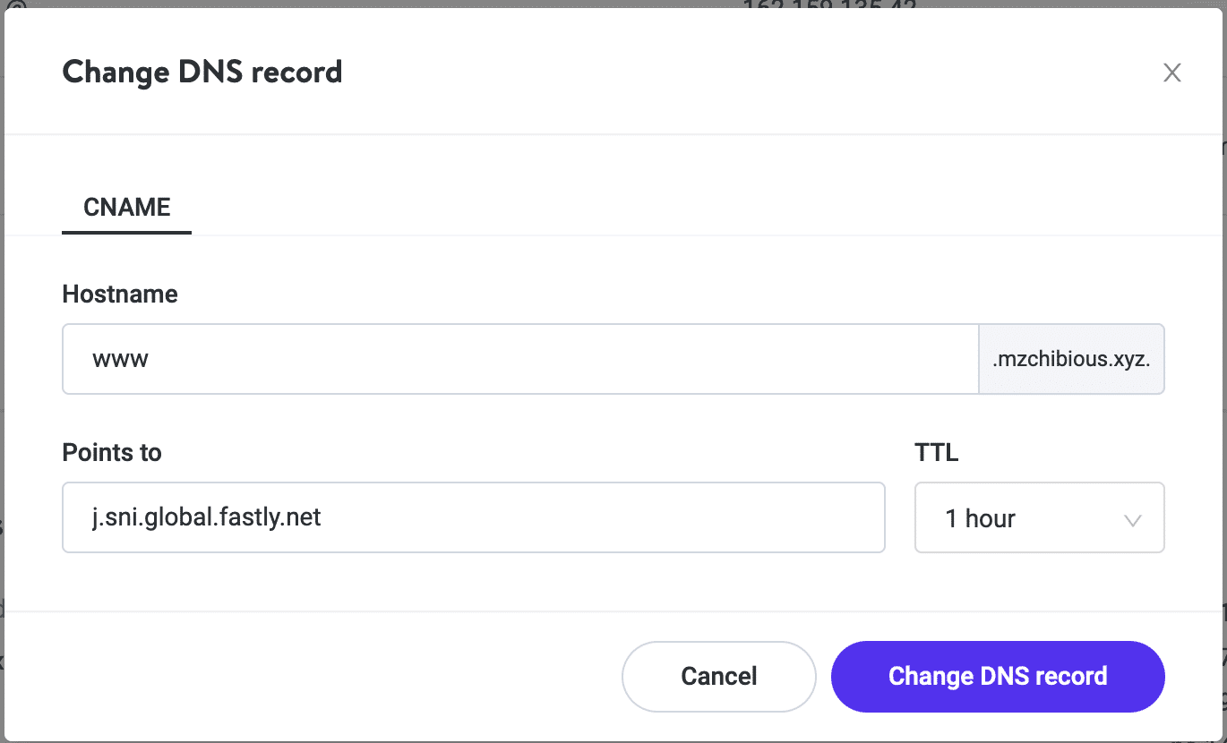 Pointing your domain’s www CNAME to Fastly in Kinsta DNS.