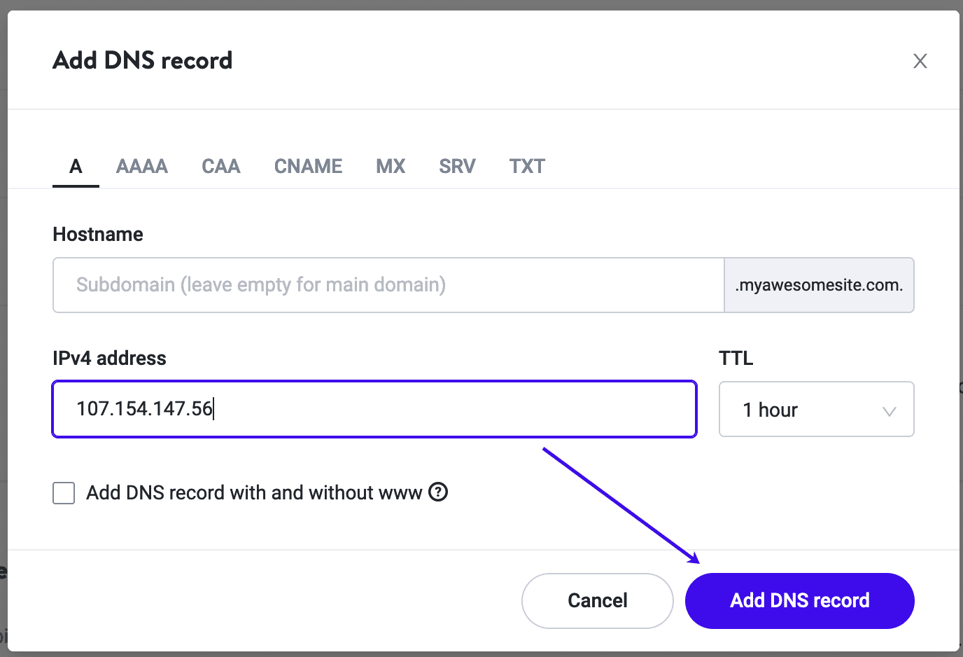 Add an A record to point to Imperva.