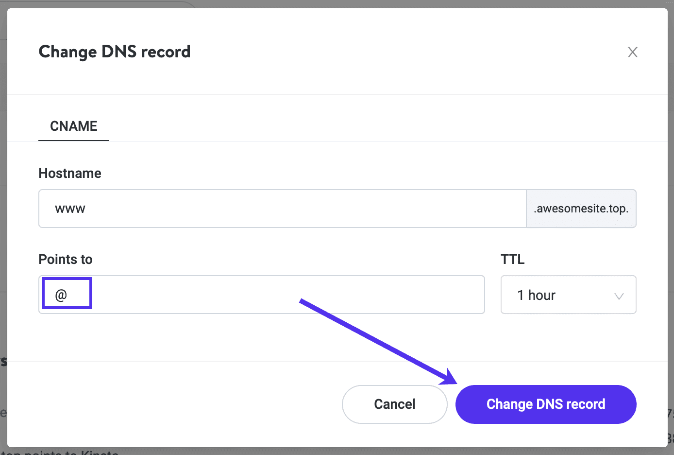 Changing your domain's www CNAME in Kinsta DNS.