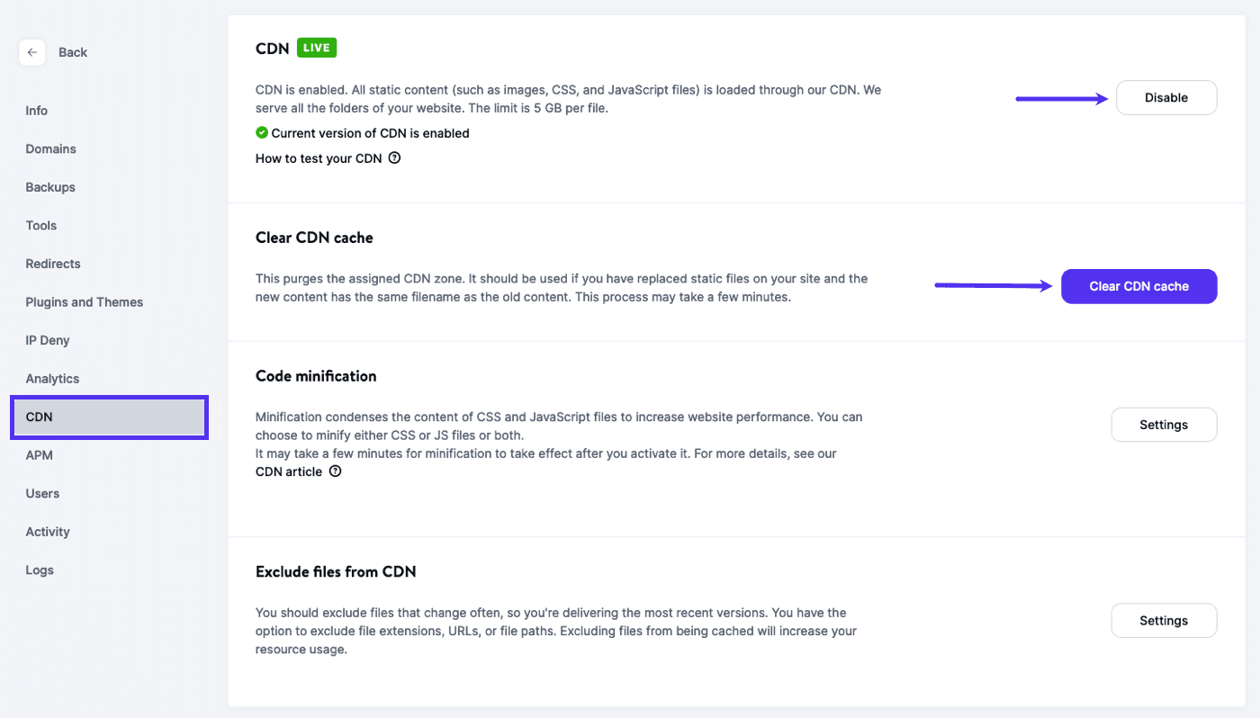 Disable Kinsta's CDN or Clear CDN Cache in MyKinsta.