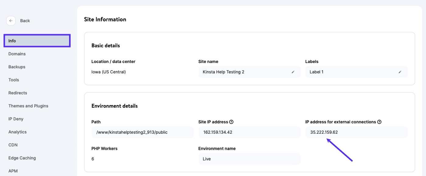 The IP address for external connections.