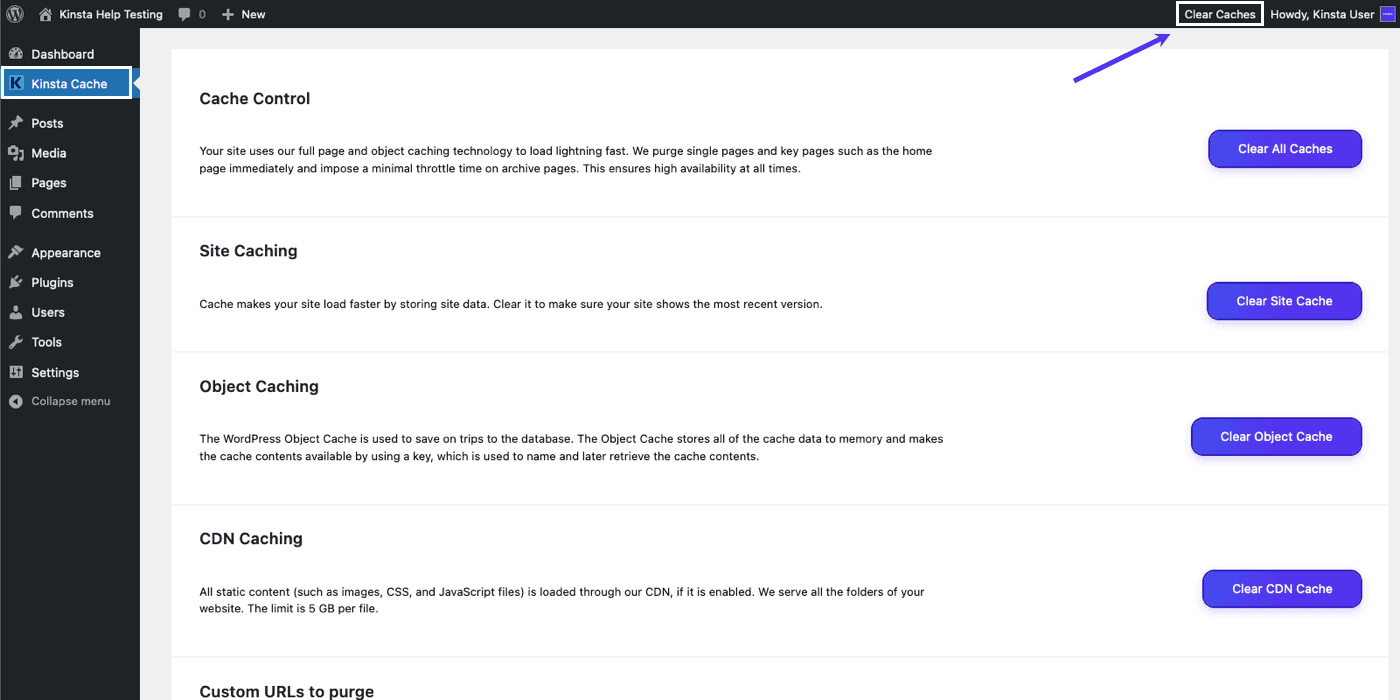 Kinsta Cache plugin (Kinsta MU plugin) in the WordPress dashboard.