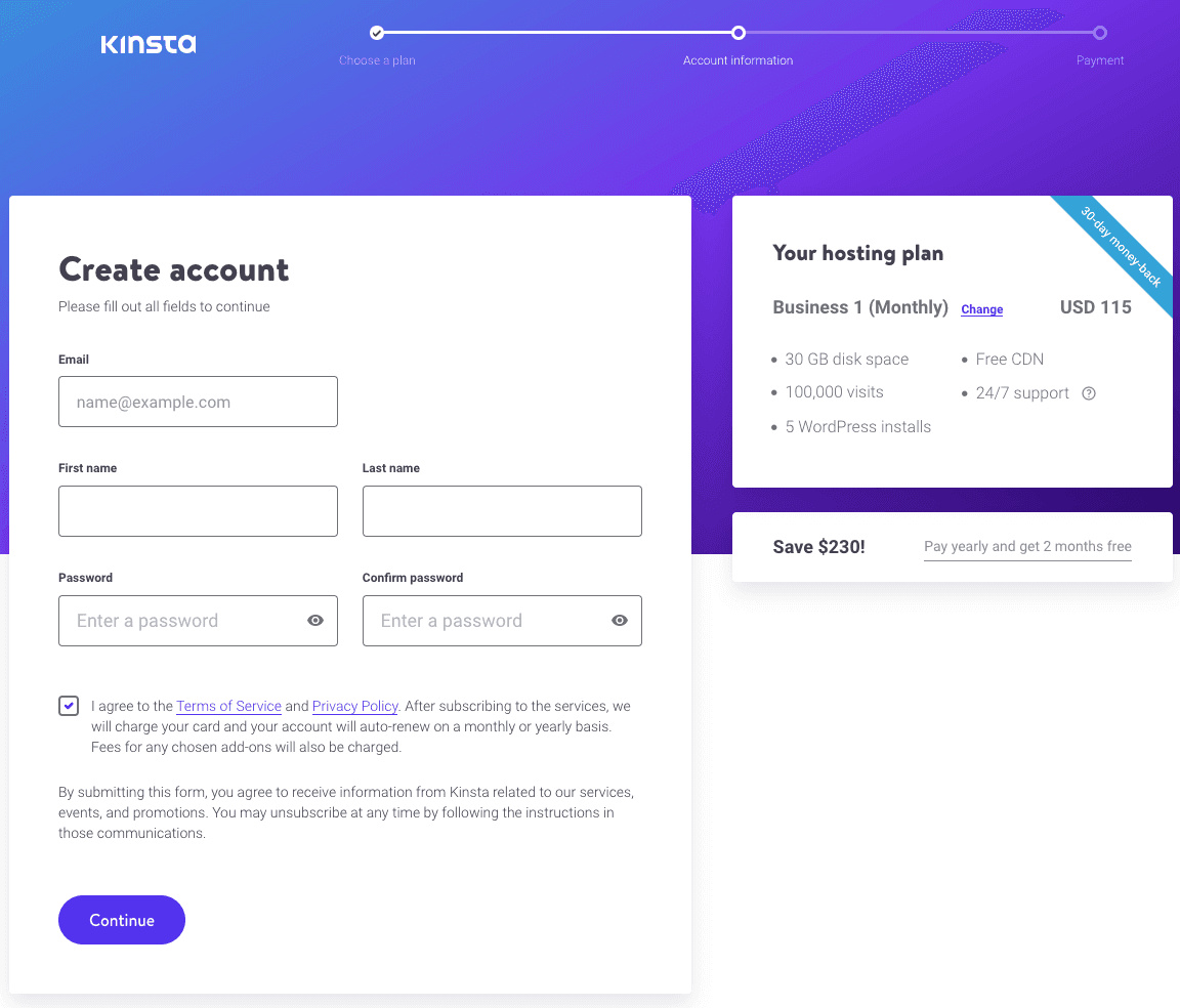 Kinsta signup page with a plan selected.