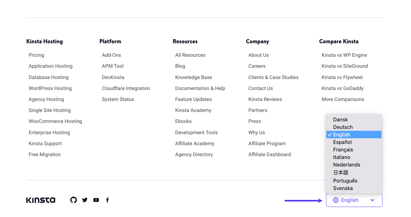 Change the language on the Kinsta website.