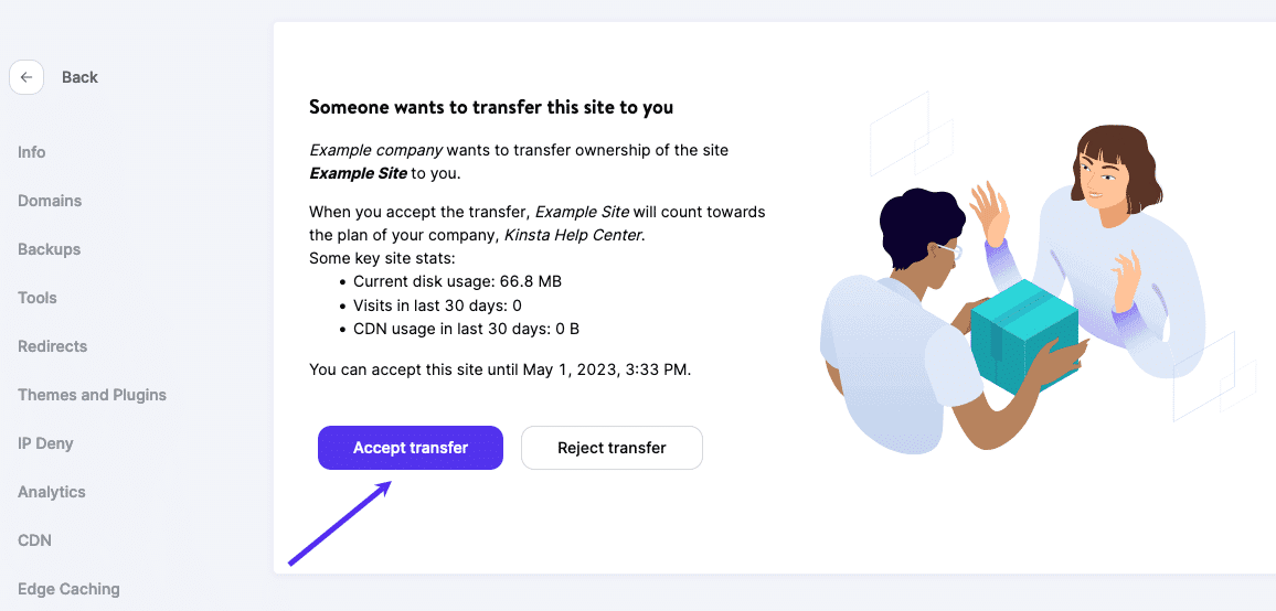 Click Accept transfer to accept the incoming site.