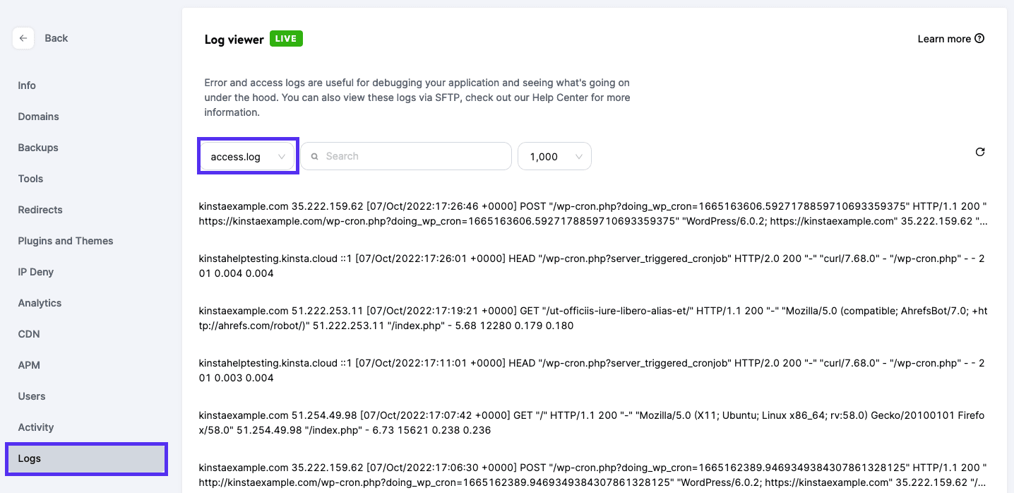 access.log file in MyKinsta Log viewer.