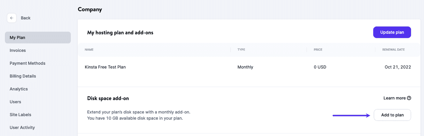 Add the disk space add-on to your plan in MyKinsta
