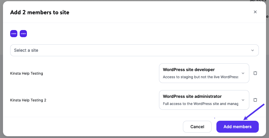 Click Add members to confirm the users you're adding to your site(s).