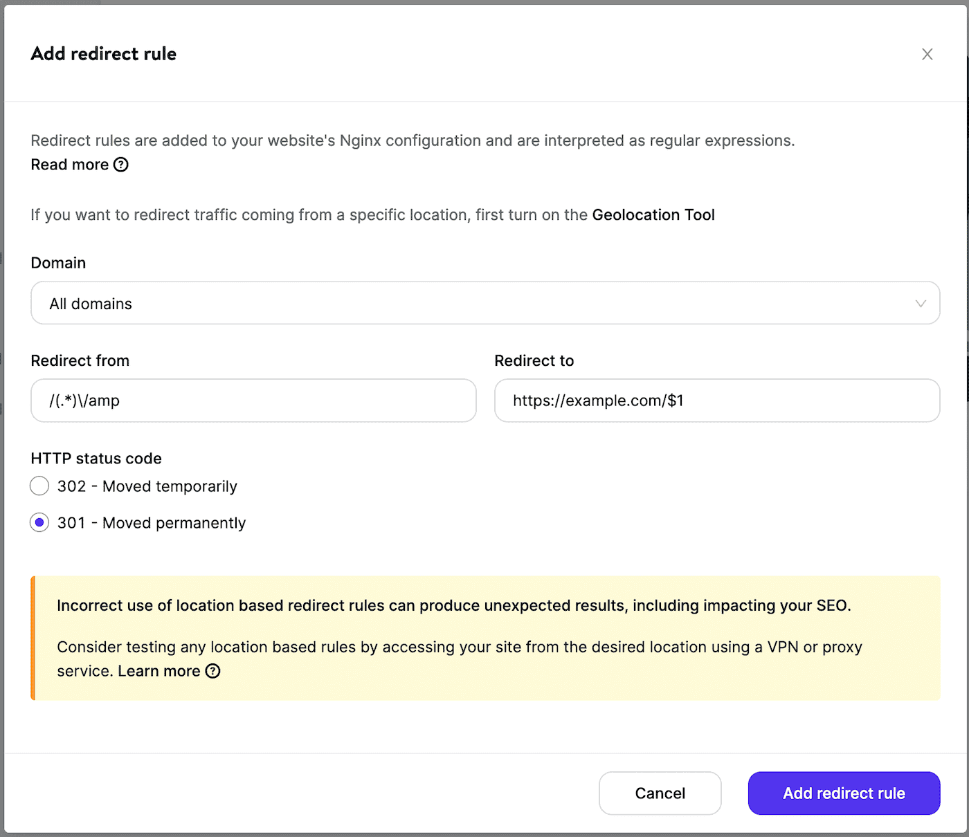 Disable Google AMP Regex example. Redirect from /(.*)/amp to https://domain.com/$1