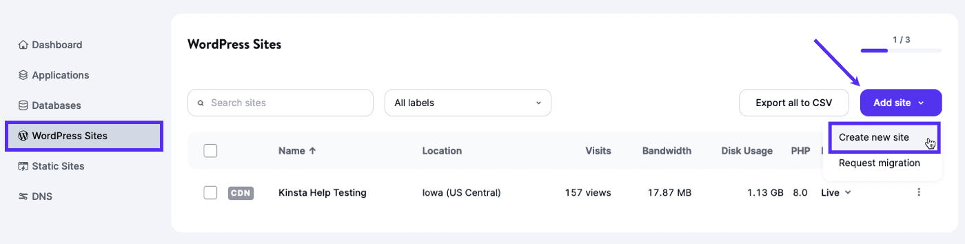 Create a WordPress site in MyKinsta.