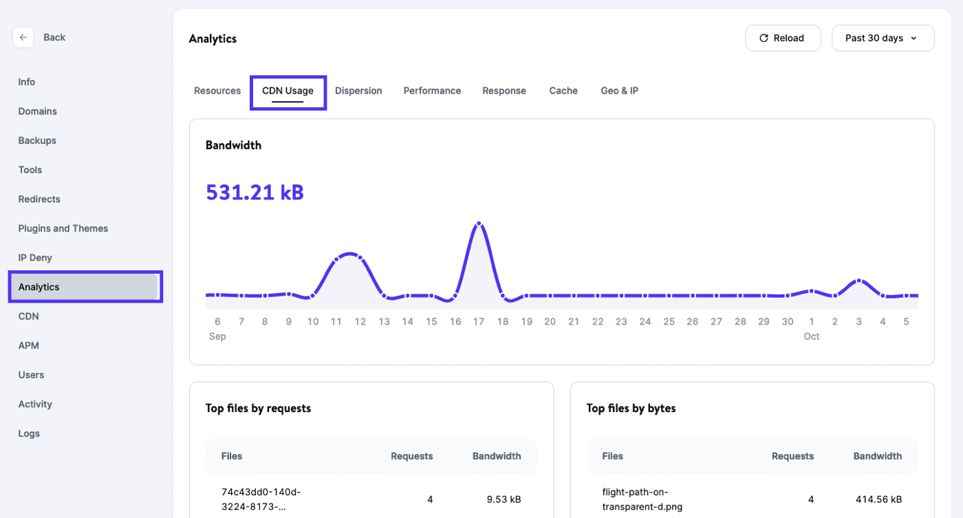 CDN Usage in MyKinsta WordPress Analytics.