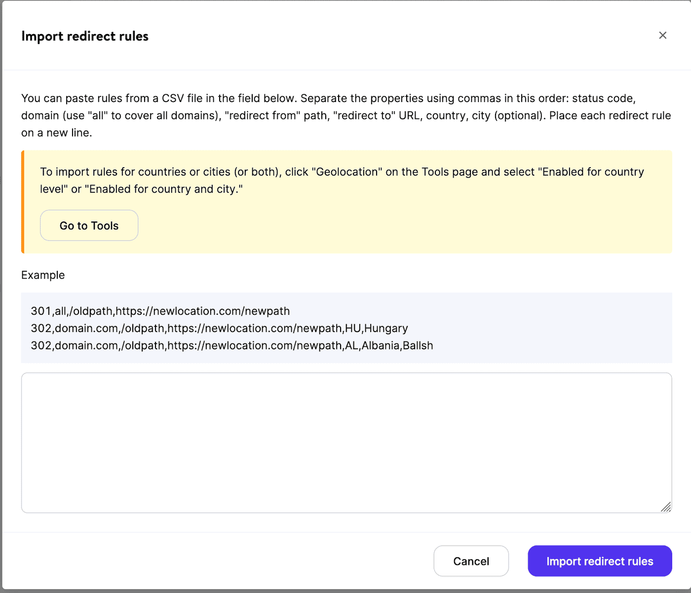 Paste and import redirect rules in bulk.