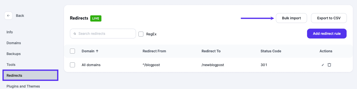 Bulk import redirects in MyKinsta.