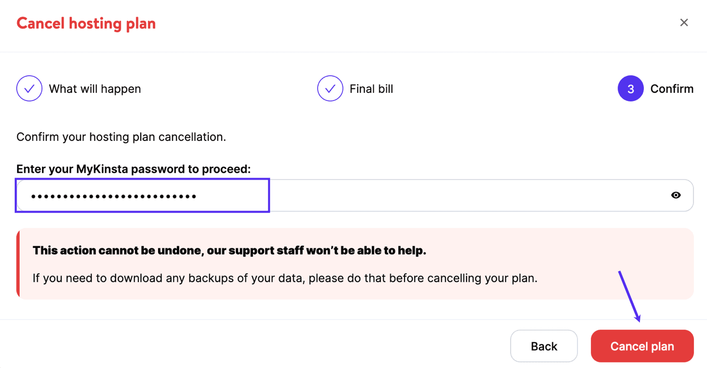 Confirm cancellation of your Managed WordPress Hosting plan.