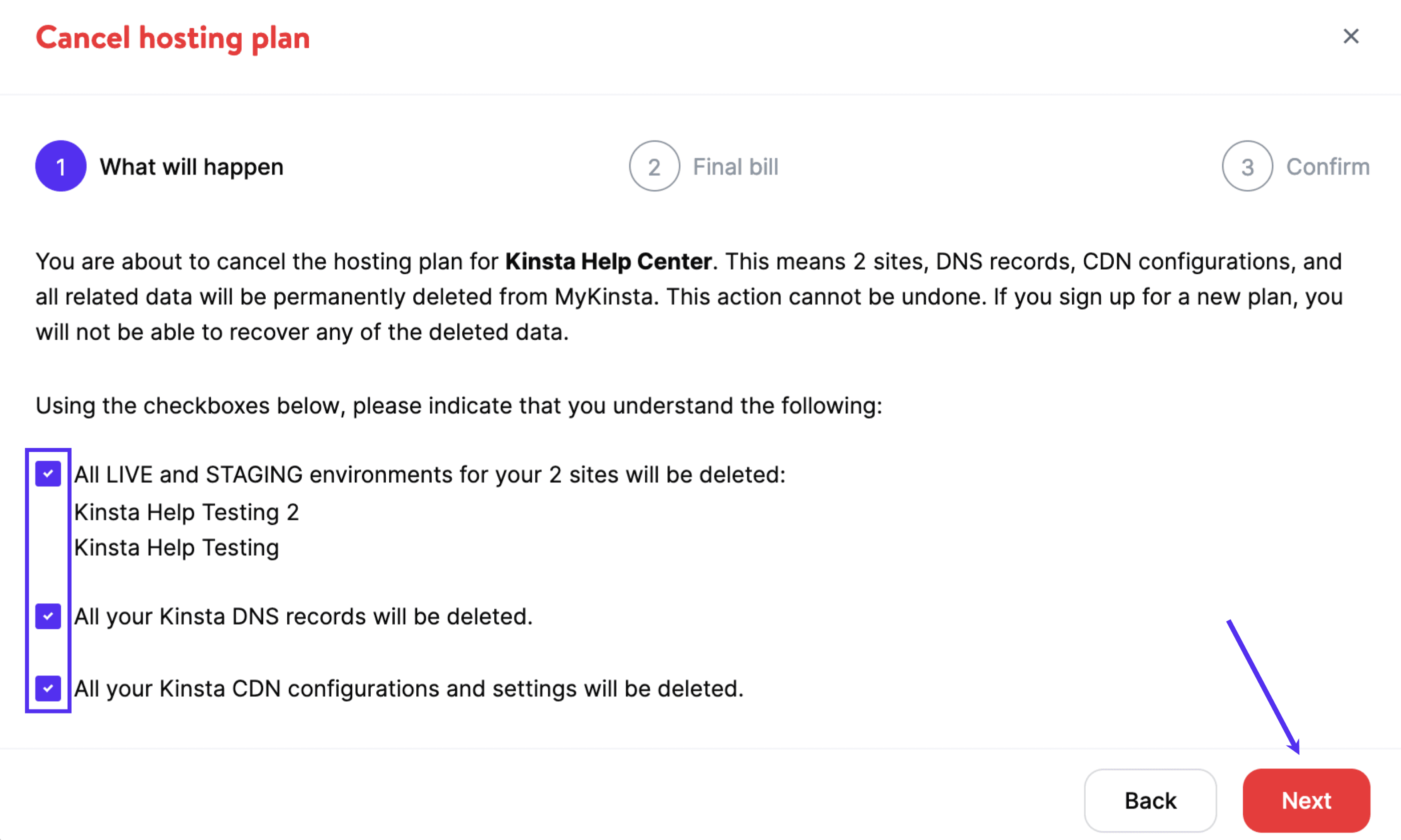 Cancel the Managed WordPress Hosting plan and acknowledge all data will be deleted.