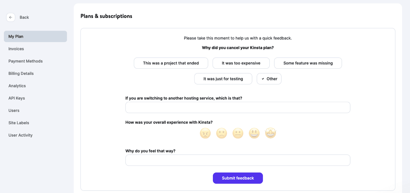 Kinsta cancellation feedback.