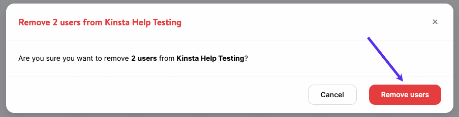 Confirm revoking user access from a site in MyKinsta.
